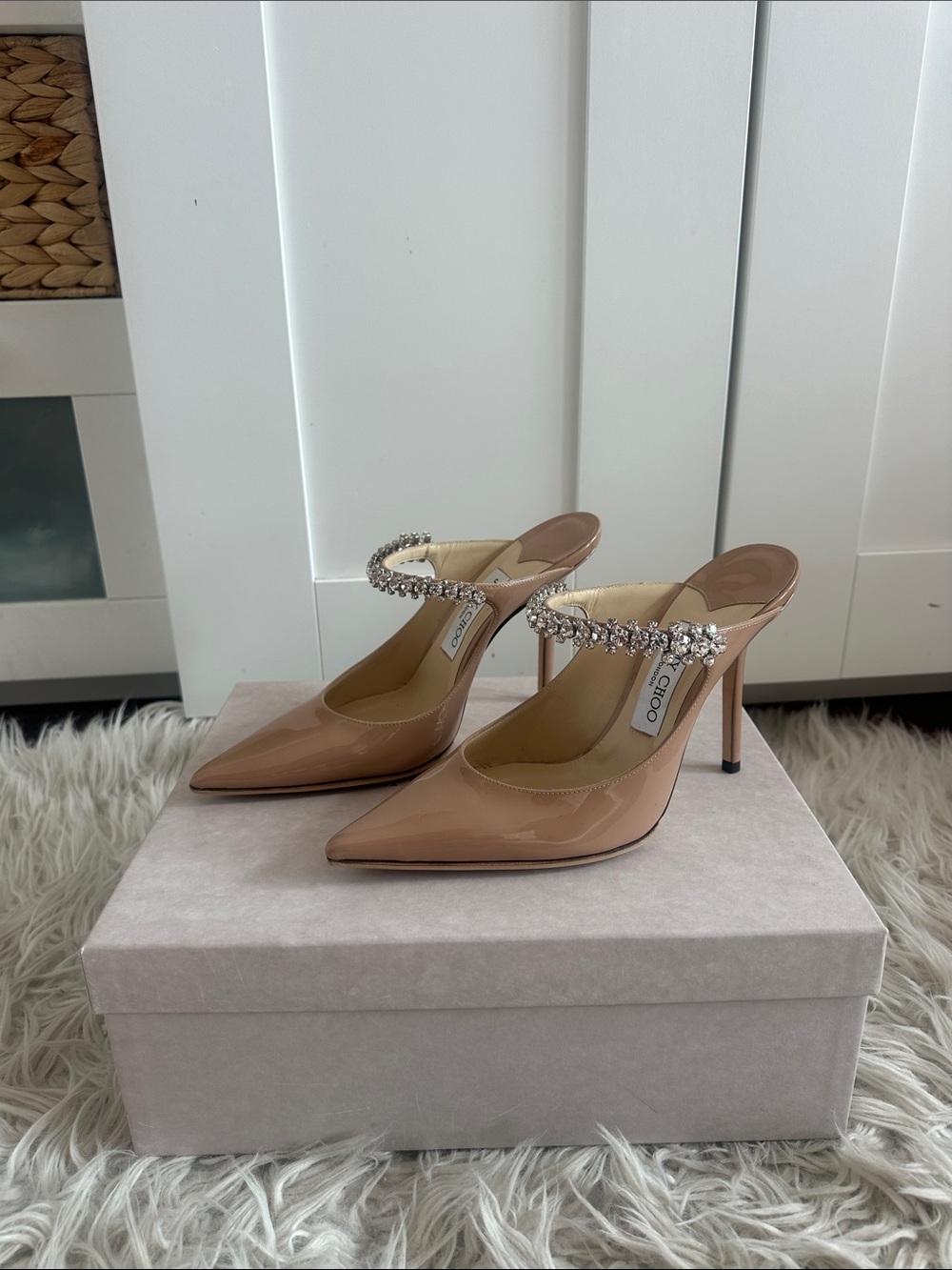 Jimmy Choo (London) - Bing 100
Ballet Pink Patent Leather Mules w/ Crystal Strap